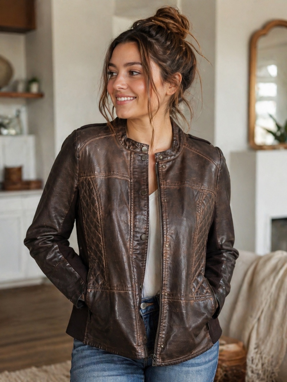 Maurices Vegan Leather Moto Jacket /Brown Sweater Panels NWT Size L